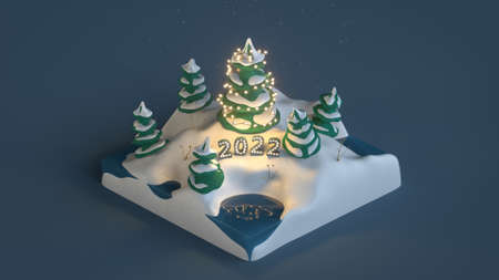 Isometric winter christmas scene with 2022 text. Dreamlike cartoon 3D renderの写真素材