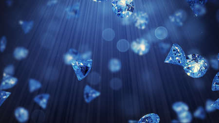 Rain of blue sapphires in light rays. 3D renderの写真素材