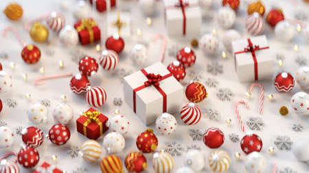 Christmas decorations and gift boxes. 3D renderの写真素材