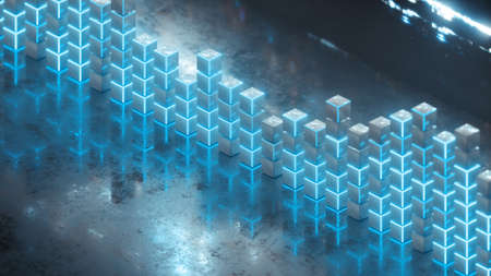 Blue equalizer or spectrum analyzer. Futuristic technology design. 3D rendering illustration with DOFの写真素材