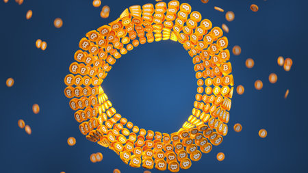Twisted shape of bitcoins. 3D renderの写真素材