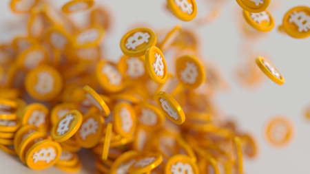 Pile of bitcoins close-up. 3D renderの写真素材