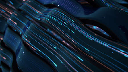 Glowing blue and orange light trails flow. Abstract background. 3D render illustrationの写真素材