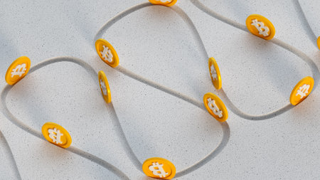 Bitcoins are rolling. 3D renderの写真素材
