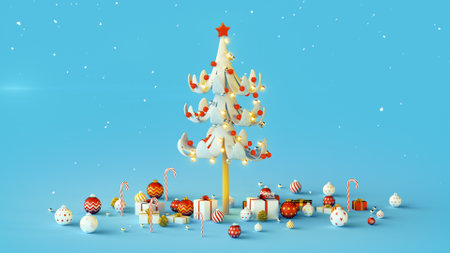 Decorated Christmas tree and snowfall. 3D renderの写真素材