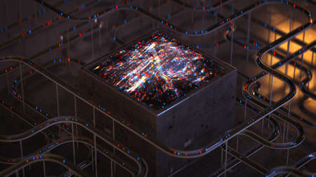 Circuit board with lines and glowing dots. Abstract futuristic technology design. 3D render with DOFの写真素材