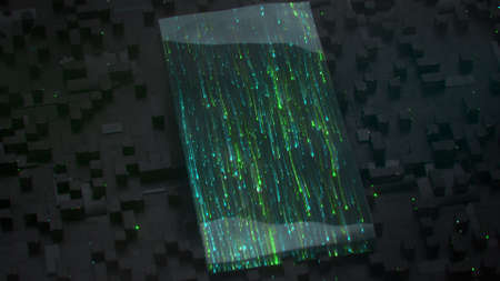 Glowing green lines under cooling liquid. Futuristic technologies or science fiction concept. 3D render illustrationの写真素材