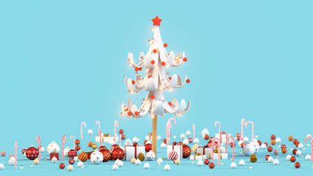 Winter holidays composition with christmas tree. 3D renderの写真素材