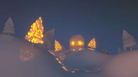 Starry christmas night in village. Dreamlike cartoon style 3D renderの写真素材
