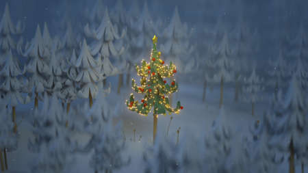 Dreamlike christmas tree in snow covered pine woods at night. Cartoon style 3D renderの写真素材