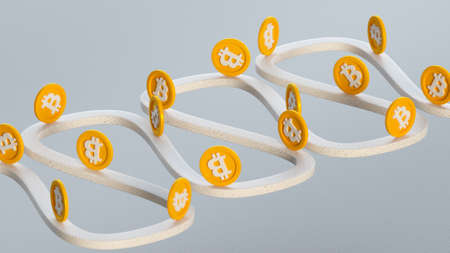 Bitcoin rolling zigzag up. Crypto asset price cycle metaphor. 3D render