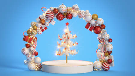 Winter holidays composition with Christmas tree. 3D renderの写真素材