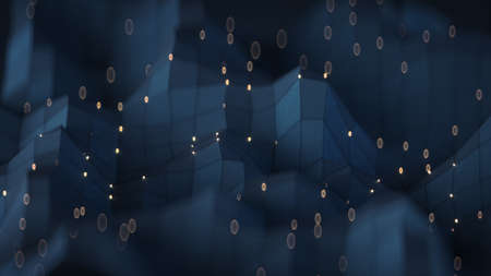 Abstract network design. Blue polygonal shape with glowing vertices. 3D render illustration
