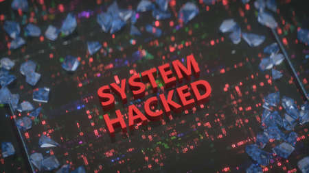 System hacked warning. Internet crime or Cyber attack metaphor. 3D render animationの写真素材