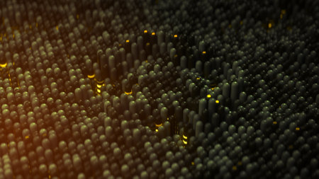 Waving array of yellow illuminating elements. 3D render illustration with DOFの写真素材