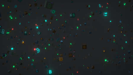 Cubes with hex-code in mid air. Digital data storage visualization. 3D render