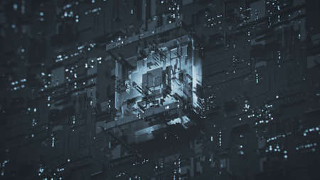 Futuristic gray micro chip in fog and particles. Computer science or electronics engineering design....