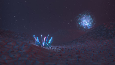 Minerals on alien planet. Futuristic sci-fi visualization. 3D renderingの写真素材