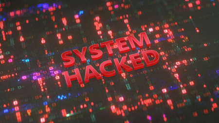 System hacked warning and damaged digital code. Internet crime or Cyber attack metaphor. 3D renderの写真素材