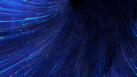 Blue neon light trails vortex. Futuristic sci-fi portal for teleportation with energy streams. 3D rendering illustrationの写真素材
