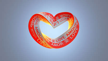 Twisted heart shape with LOVE text in different languages. 3D renderの写真素材