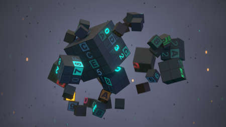 Digital cubes with program code levitate in mid air. Big data concept. 3D render