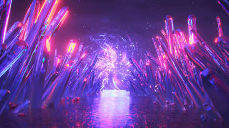 Sci-fi pathway with cosmic crystal minerals. Space mining concept. 3D renderingの写真素材