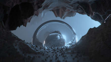 Mistery glass shape in cave on alien planet. 3D renderの写真素材