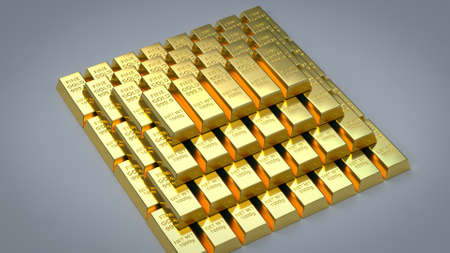 Gold bullion bars pyramid pile. 3D renderの写真素材
