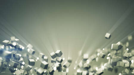 Reflective and glowing cubes. 3D rendering illustration with shallow depth of fieldの写真素材