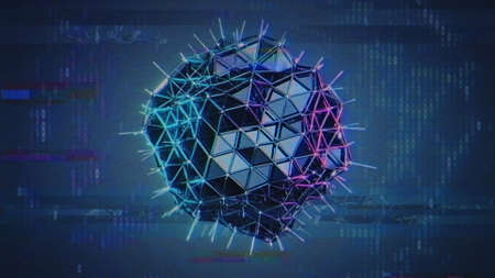 Platonic and connected points with retro VHS grain. 80s retrowave style graphic. 3D renderの写真素材