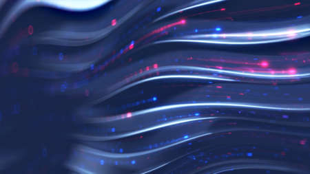 Wavy lines with glowing particles flow. Futuristic technologies background. 3D render