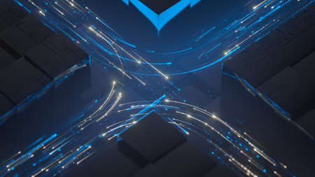 Blue and orange glow light trails. Abstract futuristic technology background. Big data transfer visualization. 3D rendering illustrationの写真素材