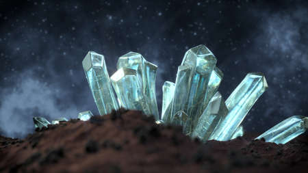 Gemstones quartz minerals crystals on alien planet. 3D rendering illustrationの写真素材