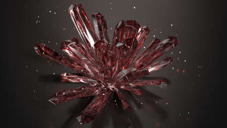 Druse of red raw crystals and sparkles. 3D render