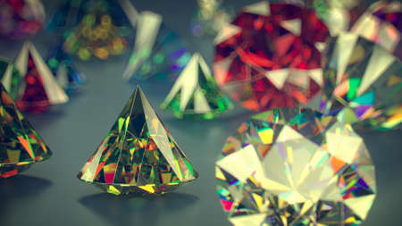Multicolored brilliant round cut diamonds close-up. 3D rendering illustrationの写真素材