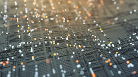 Futuristic matrix of glowing cubes. Big data transfer or quantum computer concept. 3D renderの写真素材