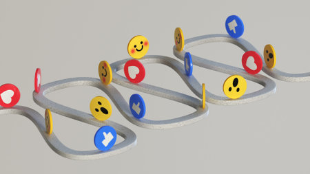 Rolling emojis and likes. Unique design social media reactions. 3D renderの写真素材