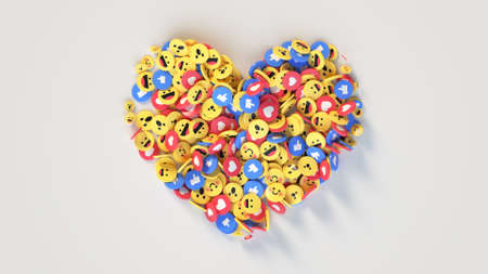 Heart shape made of emojis and likes. Unique design social media reactions. 3D render