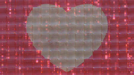 Heart shape and digital code behind glass tiles. 3D renderの写真素材