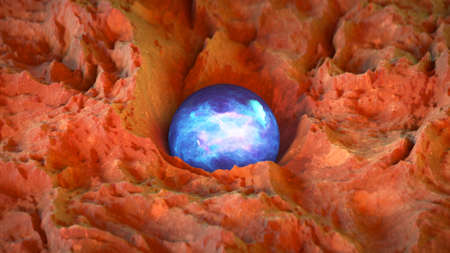 Mysterious glowing blue sphere on rocky ground. Sci-fi 3D renderの写真素材