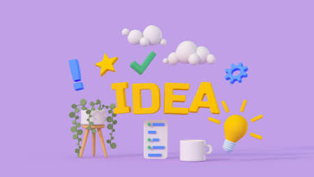 Idea lettering and light bulb as metaphor of creative thinking. Minimal cartoon style 3D render illustrationの写真素材