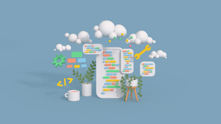 Application development and coding concept. Minimal cartoon style 3D render illustrationの写真素材