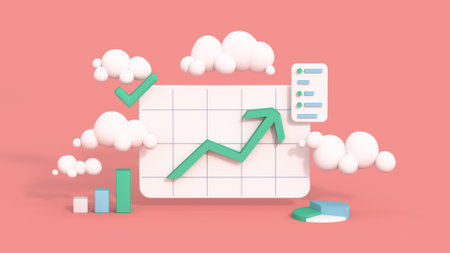 Uptrend chart showing positive statistics. Minimal cartoon style 3D render illustrationの写真素材