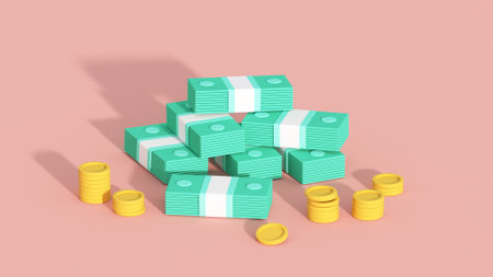 Minimal cartoon style banknotes and coins. 3D render illustrationの写真素材
