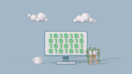 Minimal desktop computer with binary code. Cartoon style 3D render illustration