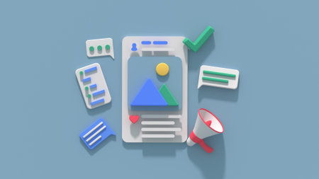 Social media and digital marketing concept. Cartoony minimal 3D render illustrationの写真素材