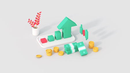 Uptrend chart and cash isometric view. Financial success concept. Minimal cartoon style 3D render illustrationの写真素材