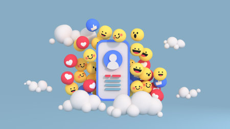 Social media account profile and unique design emojis. Cute cartoony design. 3D render illustrationの写真素材