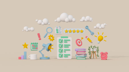 Work and study concept. Cute minimal cartoony design. 3D render illustrationの写真素材